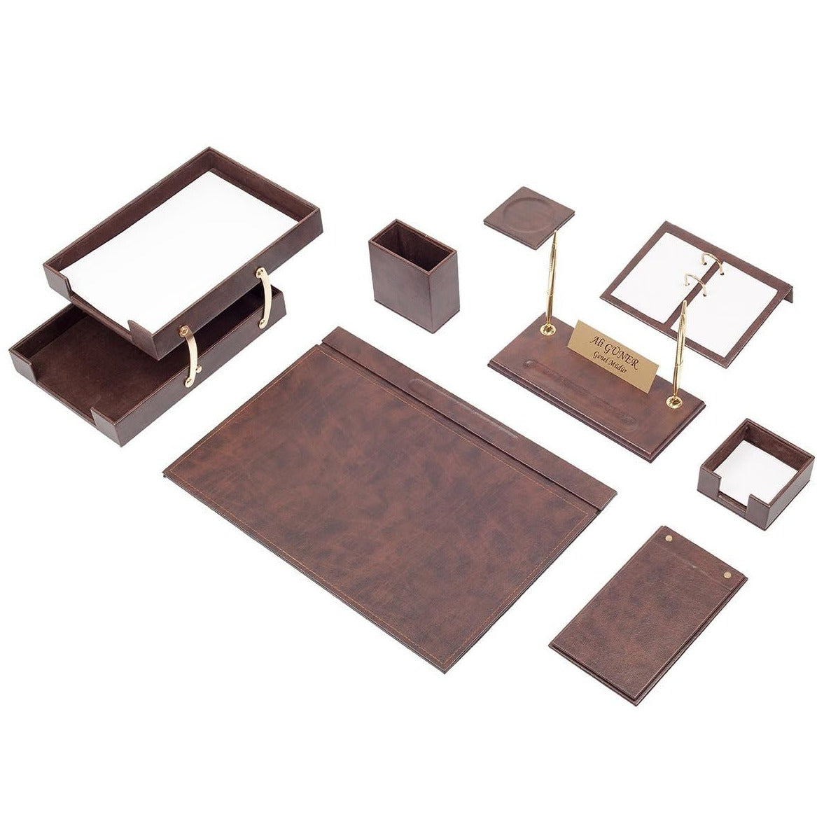 Luna Leather Desk Set 10 Accessories Brown With Double Document Rack