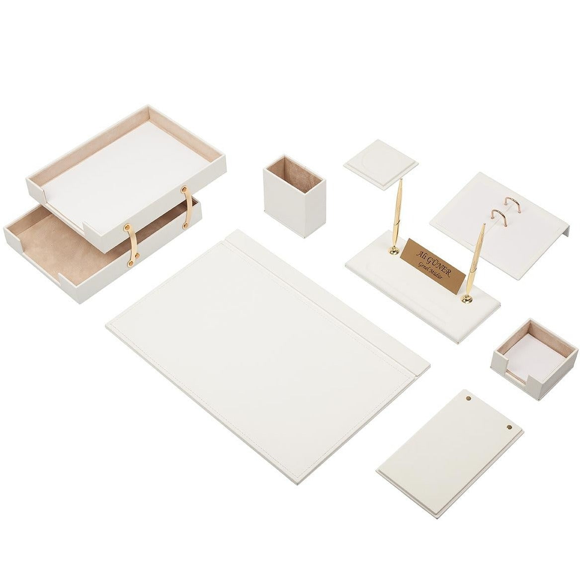 Luna Leather Desk Set 10 Accessories White With Double Document Rack