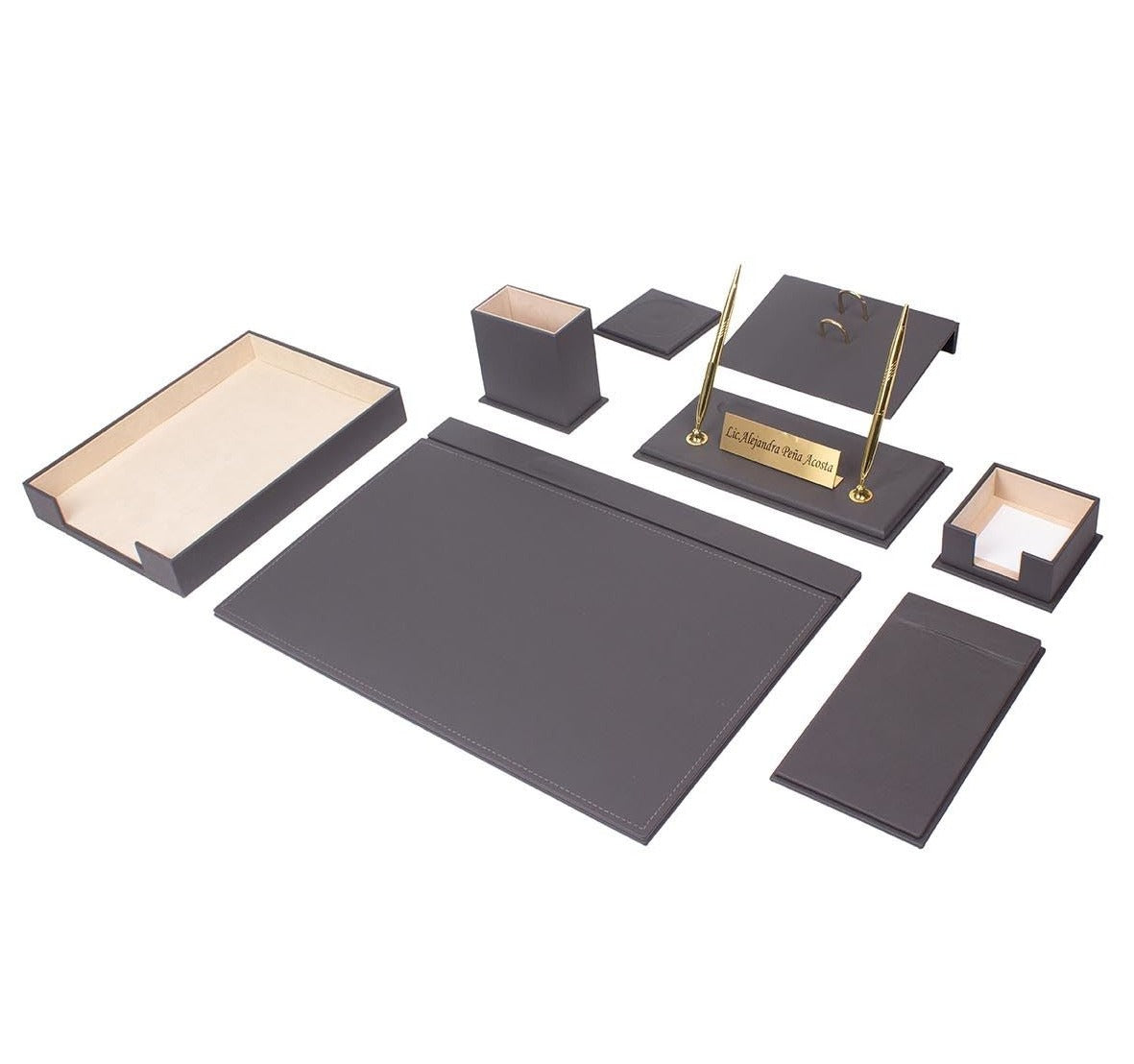 Luna Leather Desk Set 10 Accessories Gray With Double Document Rack