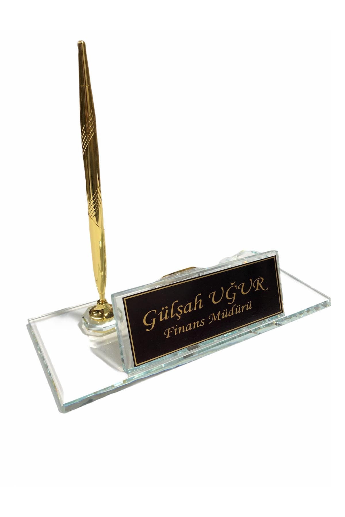 Glass Desk Name Plate With Clock